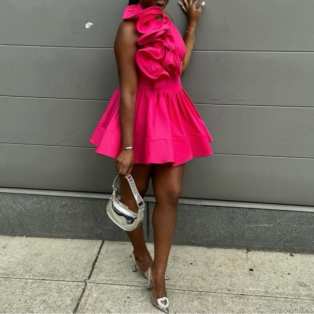 Pink Asymmetrical Ruffled Mini Dress - Picture 2 of 3